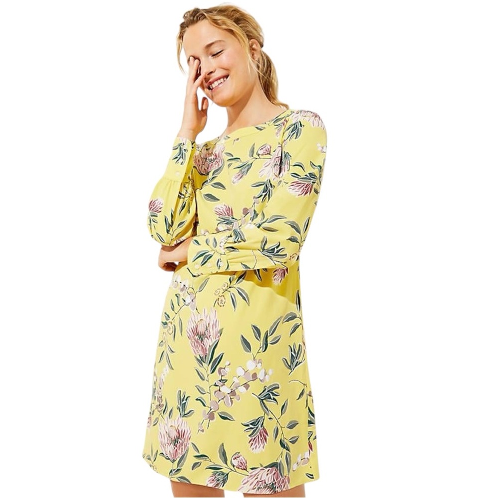 Ann Taylor LOFT Floral Print Boatneck Long Sleeve‎ Shift Dress Size 4
